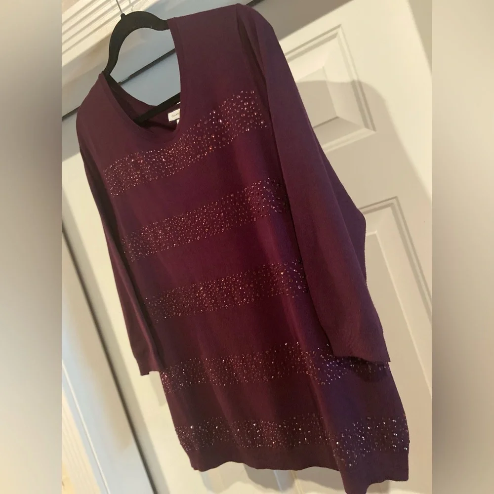 Charter Club~Shiny~Purple Crystal Striped Detail~3/4 Sleeve~Knit Sweater~Size XL